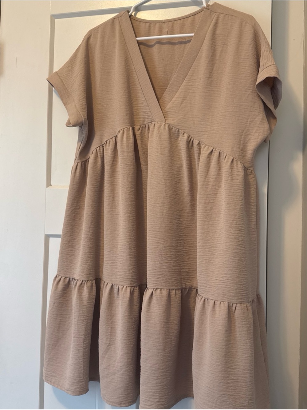 SHEIN Beige Tiered V-Neck Mini Dress